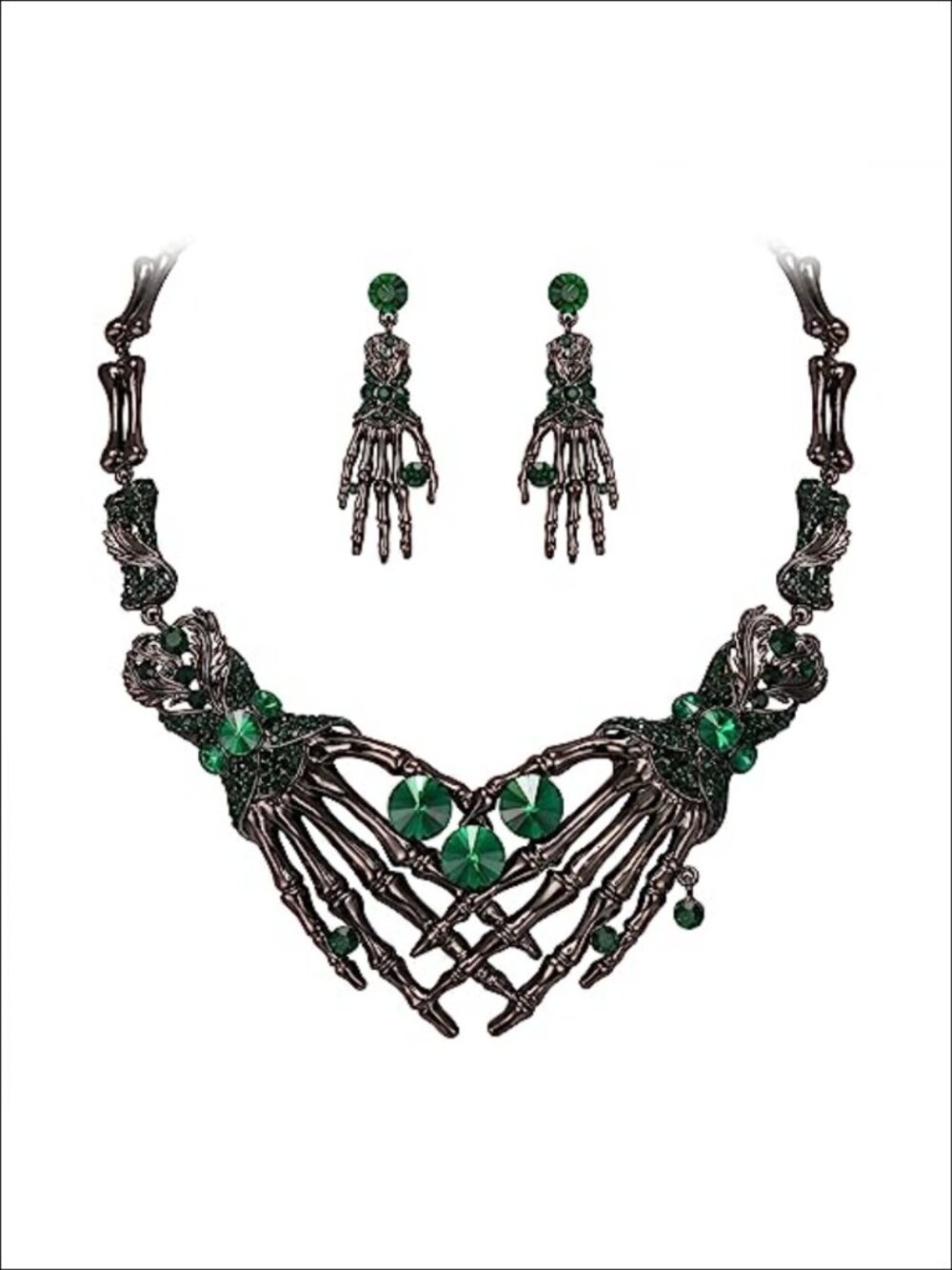 Austrian Crystal Skeleton Hand Skull Necklace Earrings Set Costume Jewelry